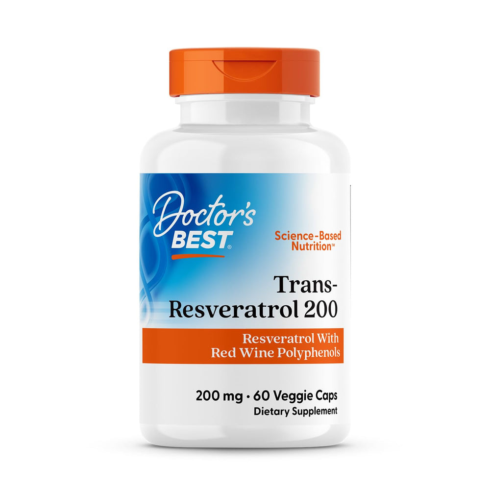 Doctors Best Trans-Resveratrol 200 bottle-front with ResVinol polyphenols for daily wellness