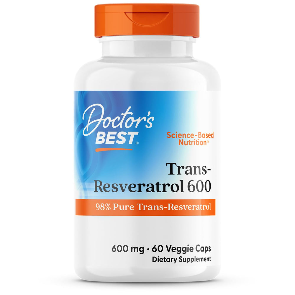 Doctor's Best Trans-Resveratrol 600 bottle front with vegan capsules for daily plant-based support.