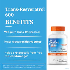 Doctor's Best Trans-Resveratrol 600 capsules close-up showing concentrated trans-resveratrol in veggie caps.