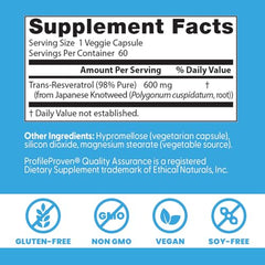 Doctor's Best Trans-Resveratrol 600 label back with non-GMO and gluten-free certifications.