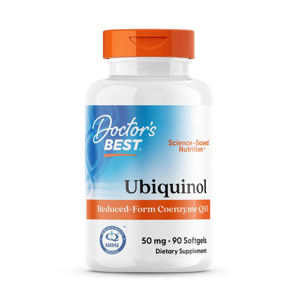 Doctor's Best Ubiquinol 50mg softgels in bottle promoting energy and heart support.