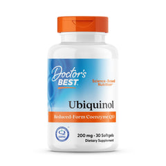 Doctor's Best ubiquinol bottle front with dosage details for daily use.