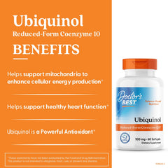 Doctor's BEST Ubiquinol label close-up emphasizing Kaneka Ubiquinol and non-GMO.