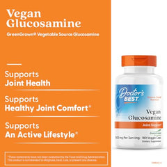 Close-up of the Doctor's Best label emphasizes vegan glucosamine and non-GMO ingredients.