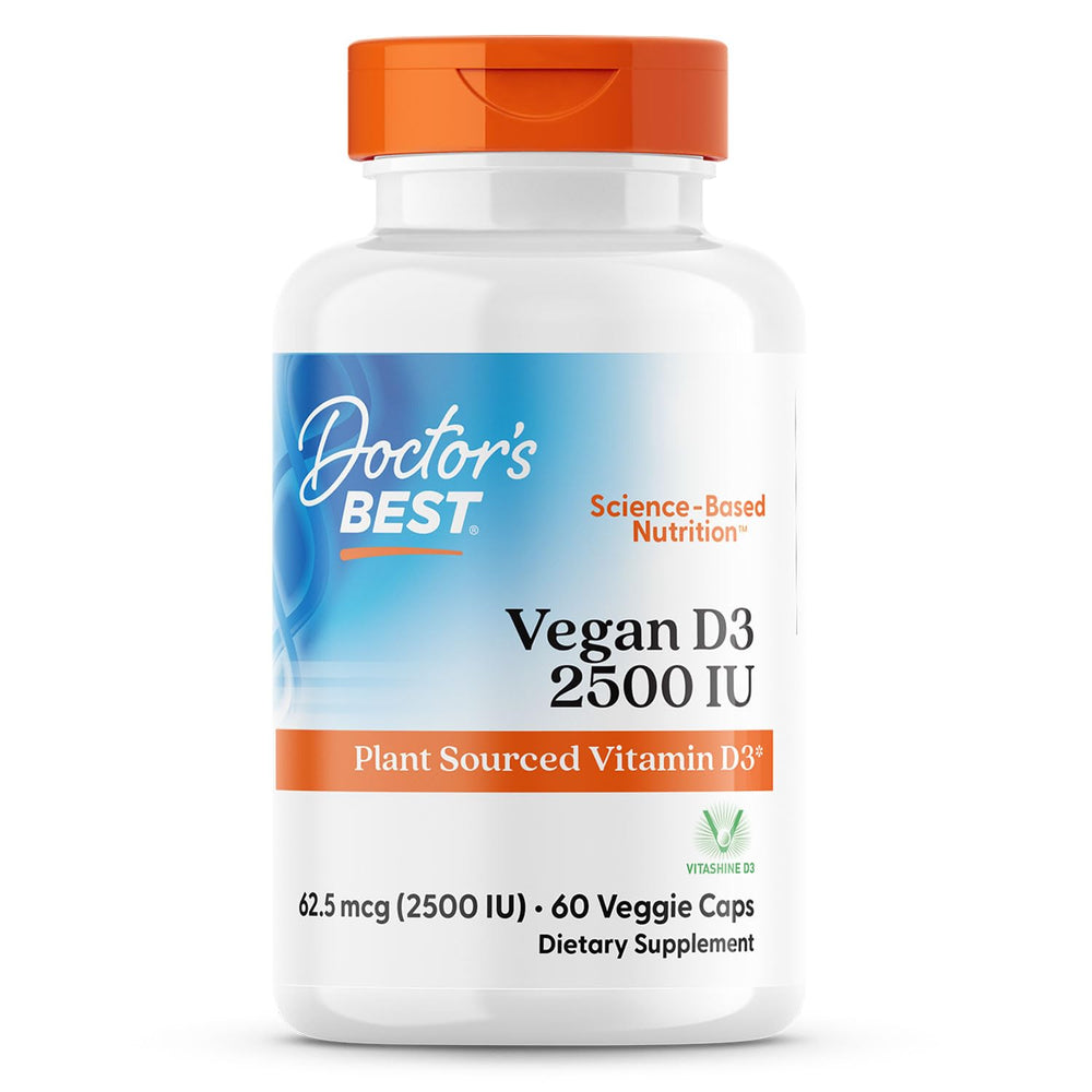 Doctor's Best Vegan Vitamin D3 2500 IU bottle highlights easy veggie capsules for daily immune and bone support.