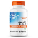 Doctor's Best Vegan Vitamin D3 2500 IU bottle highlights easy veggie capsules for daily immune and bone support.
