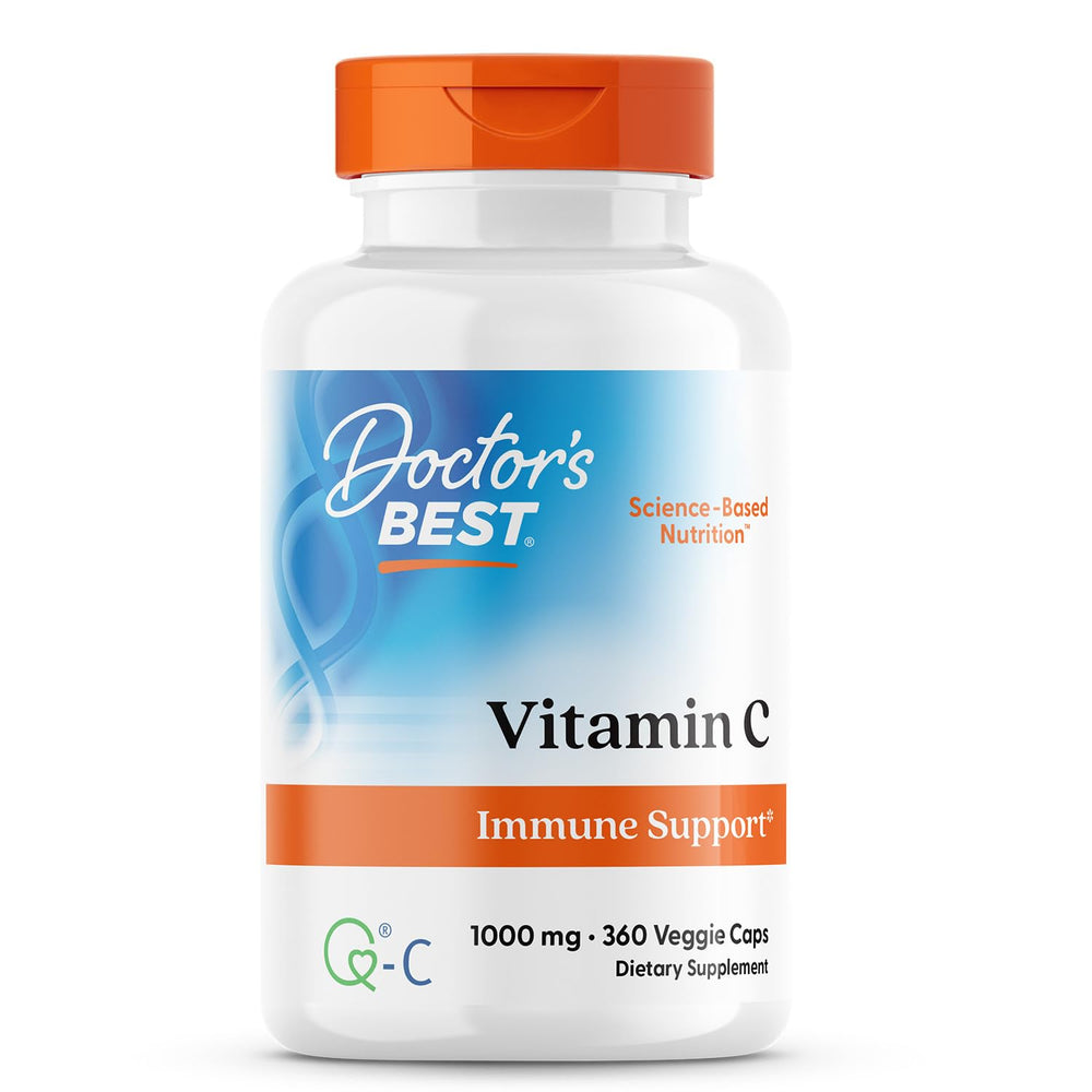 Doctor's Best Vitamin C with Q-C bottle front shows label and 1000 mg per serving for immune support.