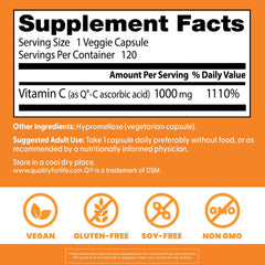 Doctors Best Vitamin C with Q-C label displaying 1000 mg dosage and vegan formula.