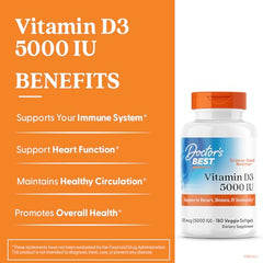 Doctor's Best Vitamin D3 180 veggie softgels pack close-up emphasizes vegetarian capsule format