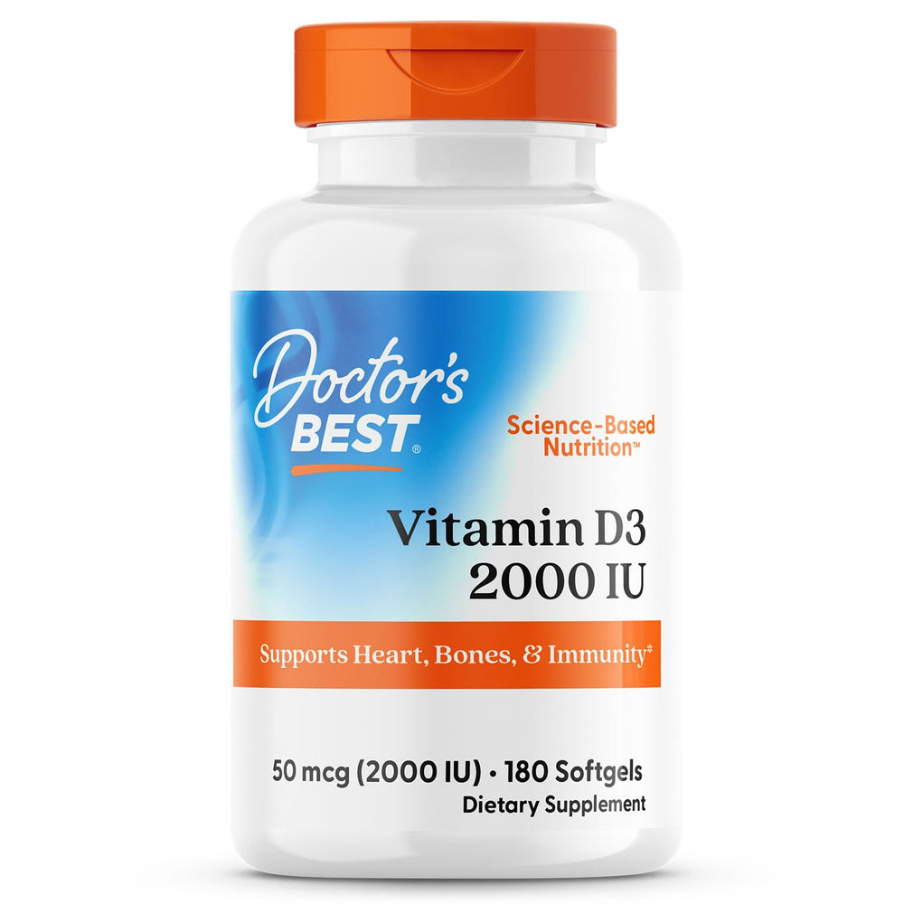 Doctor's Best Vitamin D3 2000 IU bottle front shows dosage and calcium support