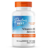 Doctor's Best Vitamin D3 5000 IU bottle highlights bone support and immune health