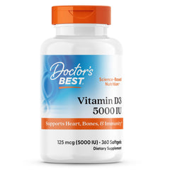 Doctor's Best Vitamin D3 5000 IU bottle highlights bone support and immune health