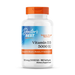 Doctor's Best Vitamin D3 5000IU bottle front view highlighting bone support and immune help