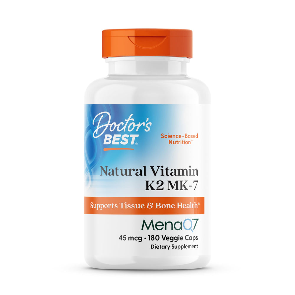 Doctor's Best Vitamin K2 MK-7 capsule bottle closeup for bone health support.