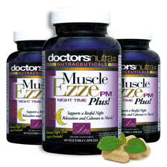 Nighttime routine scene with Muscle Ezze PM Plus bottle beside a glass of water