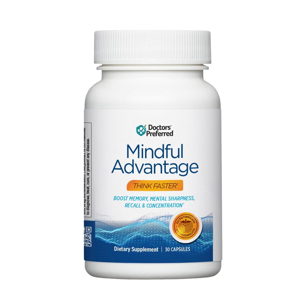 DOCTORS' PREFERRED Mindful Advantage bottle shown for daily cognitive support.