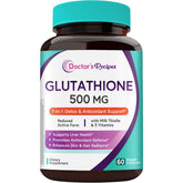 Doctor's Recipes Glutathione 500 mg bottle label highlights 7-in-1 antioxidant support.