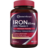 Doctor's Recipes iron 65mg vitamin C bottle supports daily energy.