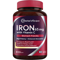 Doctor's Recipes iron 65mg vitamin C bottle supports daily energy.