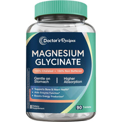 Doctor's Recipes Magnesium Glycinate bottle shows high-absorption formula for daily wellness.