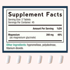Doctor's Recipes Magnesium Glycinate tablets close-up highlights gentle digestion.