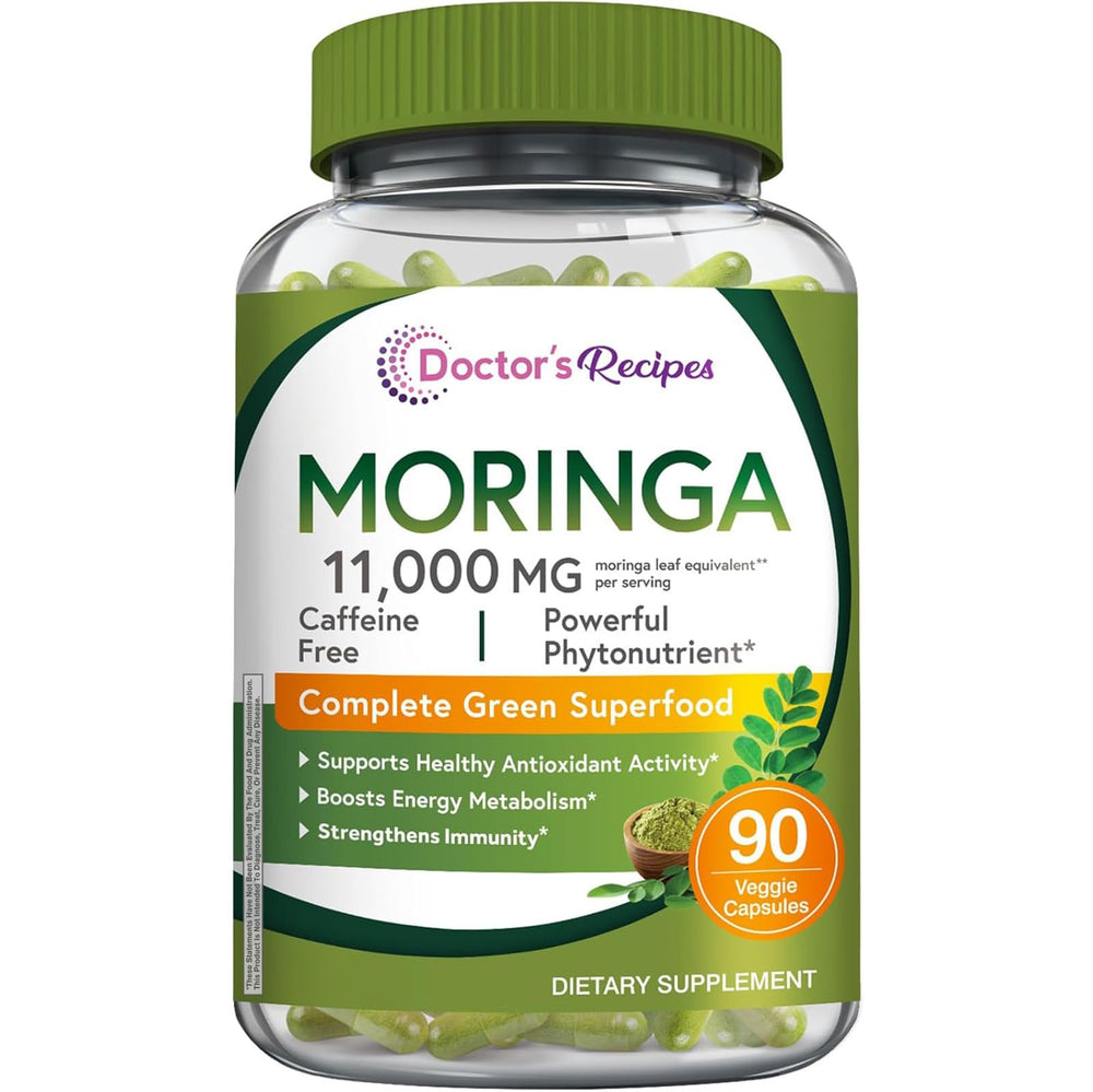 Doctor's Recipes Moringa bottle label highlights 11,000 mg strength for daily vitality