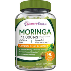 Doctor's Recipes Moringa bottle label highlights 11,000 mg strength for daily vitality