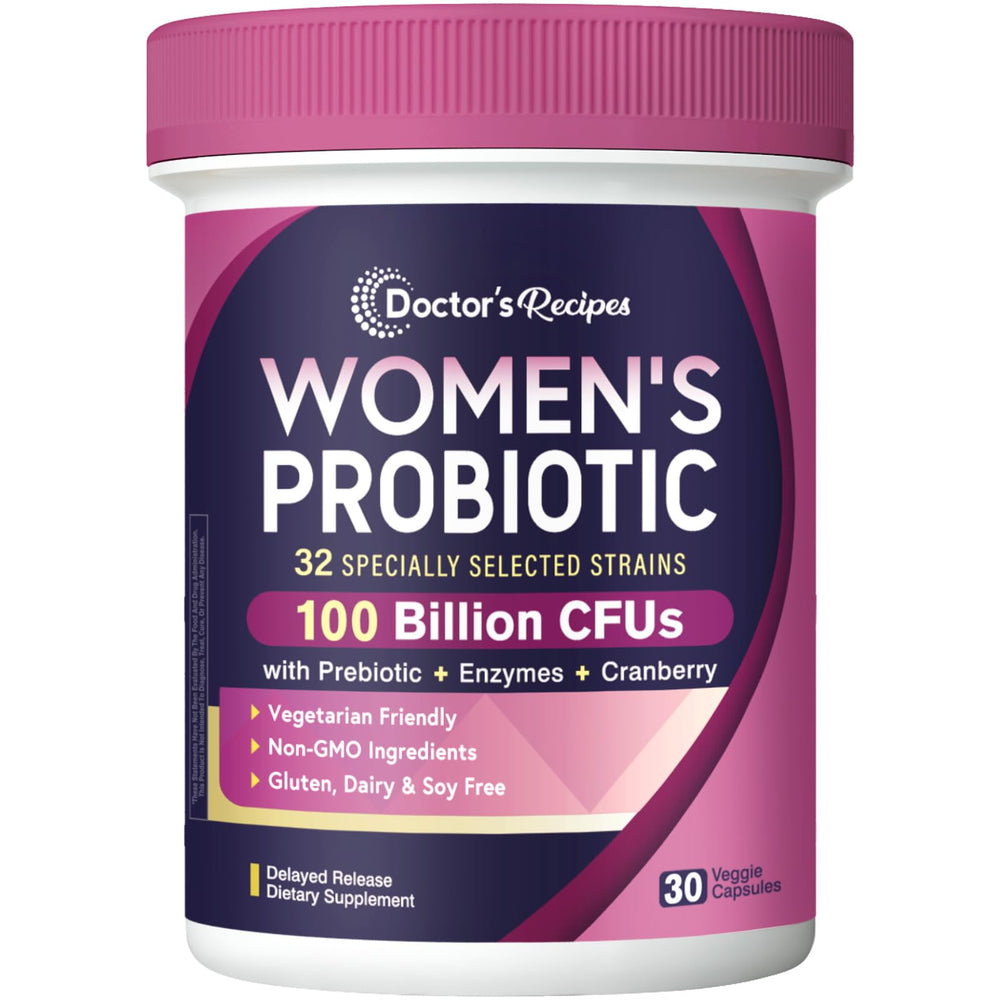 Doctor's Recipes Probiotics for Women 100B CFU bottle supports daily gut balance.