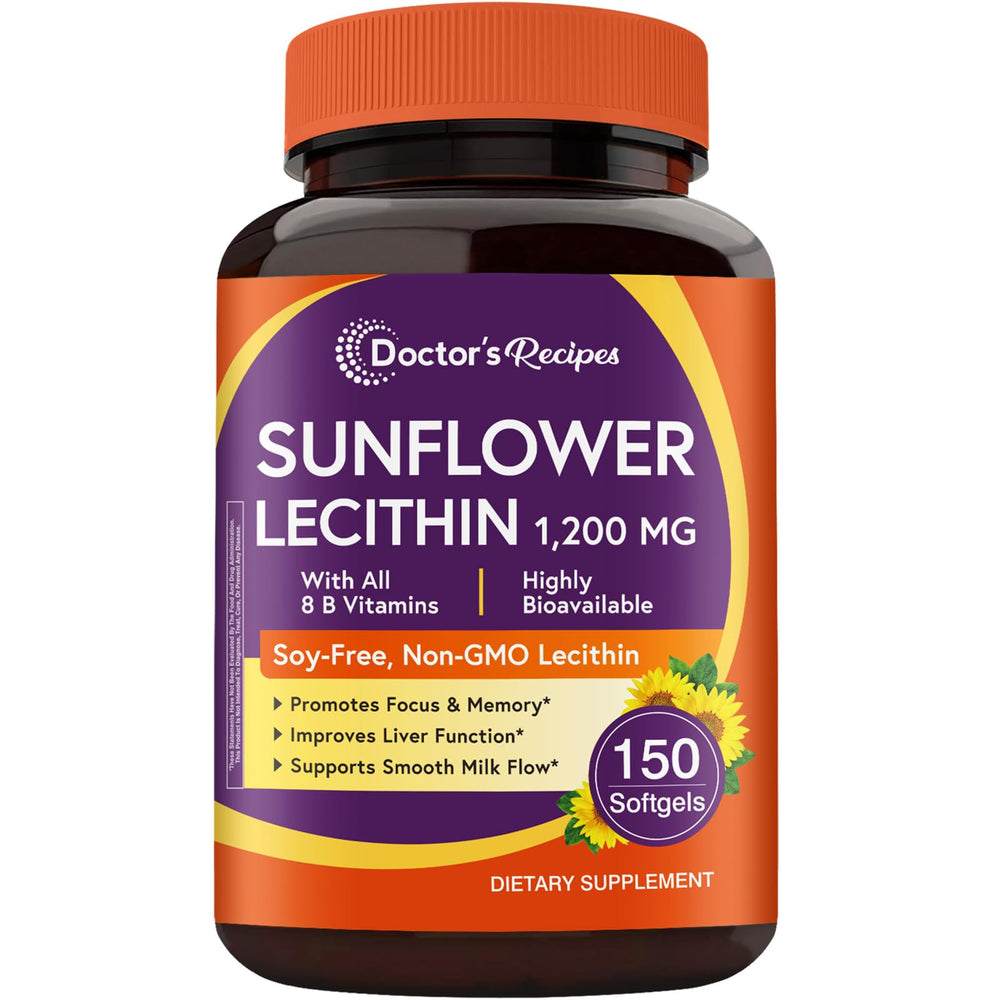 Doctor's Recipes Sunflower Lecithin bottle close-up for daily brain support.