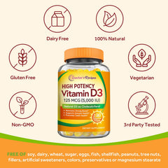 Doctor's Recipes Vitamin D3 5000IU bottle emphasizing bones and teeth support benefits