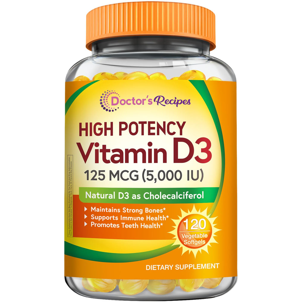 Doctor's Recipes Vitamin D3 5000IU bottle showing high-potency immune and bone support