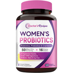 Doctor's Recipes Women's Probiotic bottle front showing 50B CFU and 16 strains