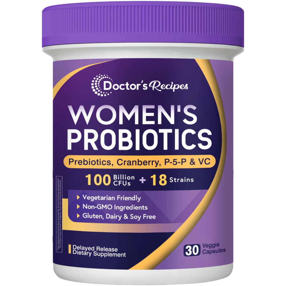 Doctor's Recipes Women's Probiotics bottle with 100 Billion CFU for daily balance.