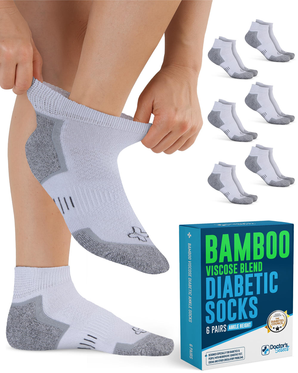 Doctor's Select bamboo viscose diabetic ankle socks for women, white, low-cut comfort