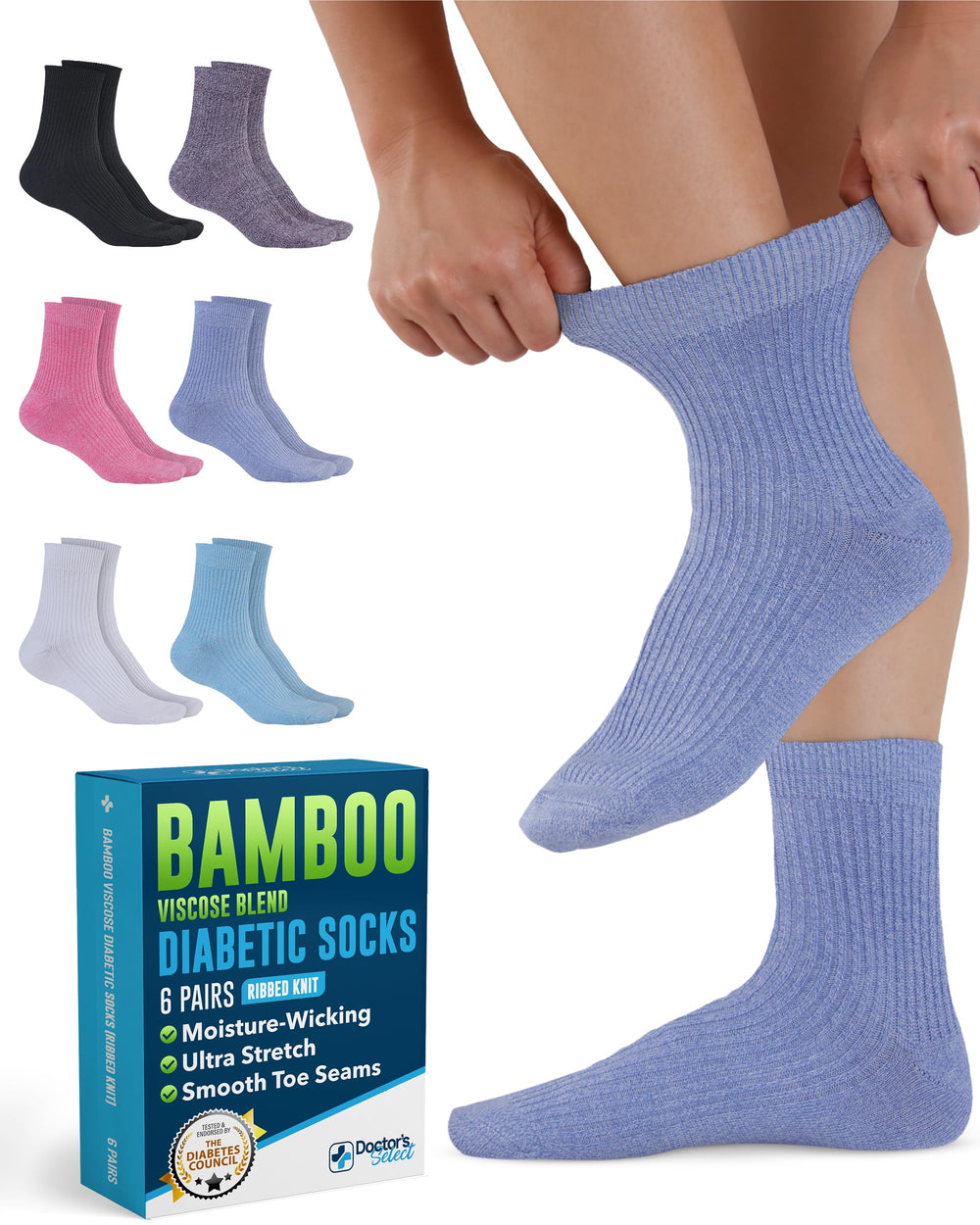 Doctor's Select bamboo viscose diabetic socks pack in assorted colors for everyday comfort