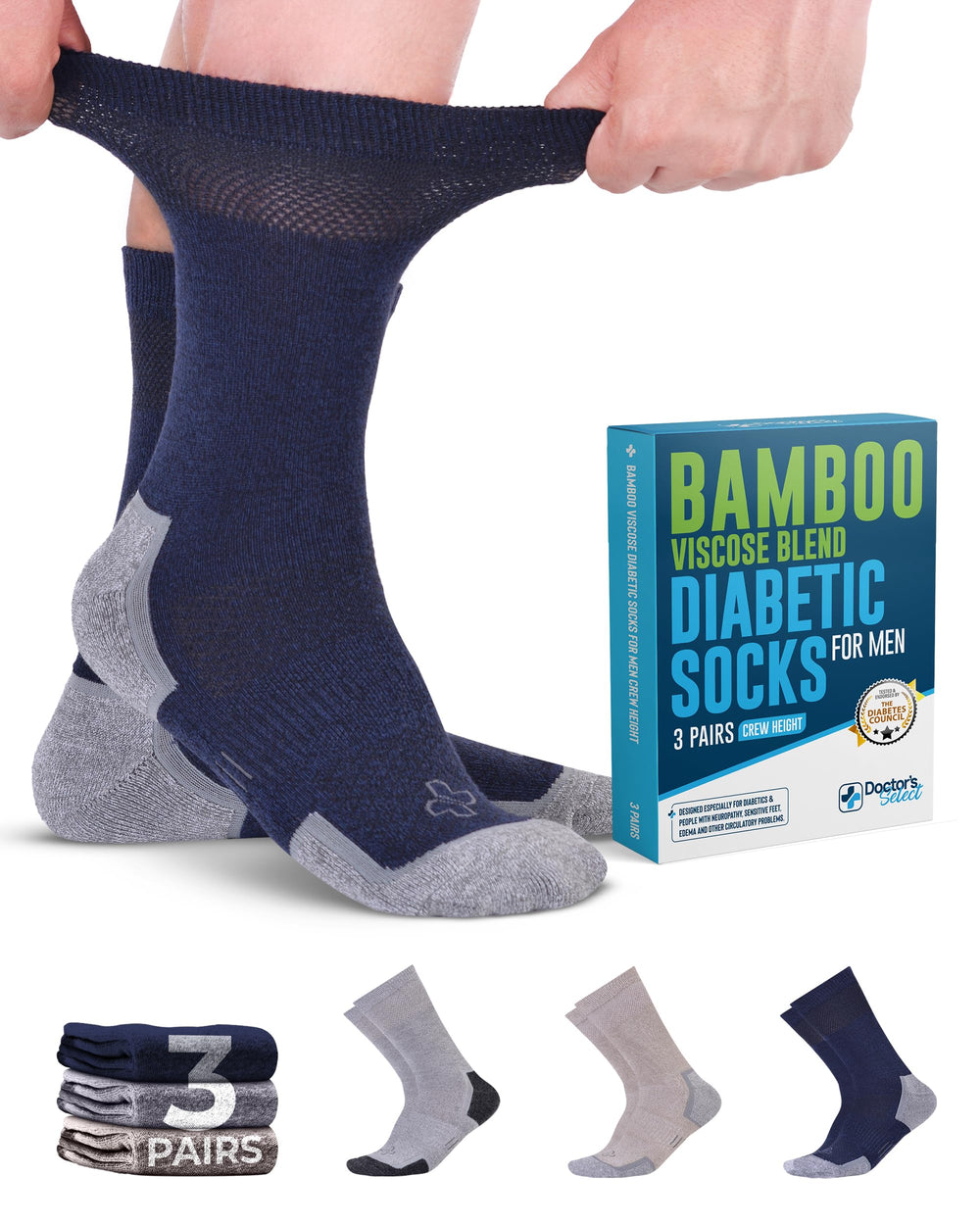 Calcetines diabeticos Doctor's Select de bambú azul marino, frontal, confort suave para pies sensibles.