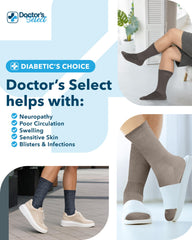 Feet wearing Doctor's Select diabetic crew socks in brown, all-day comfort in action.