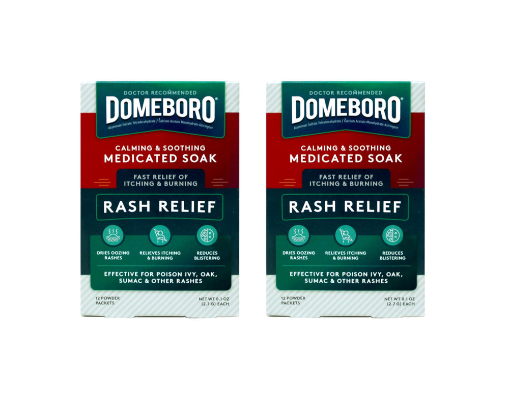 Domeboro Burow's Solution powder packet for rash relief and drying effect.