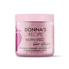 Donna's Recipe by Tabitha Brown vegan strawberry biotin gummies pack shot for daily beauty support