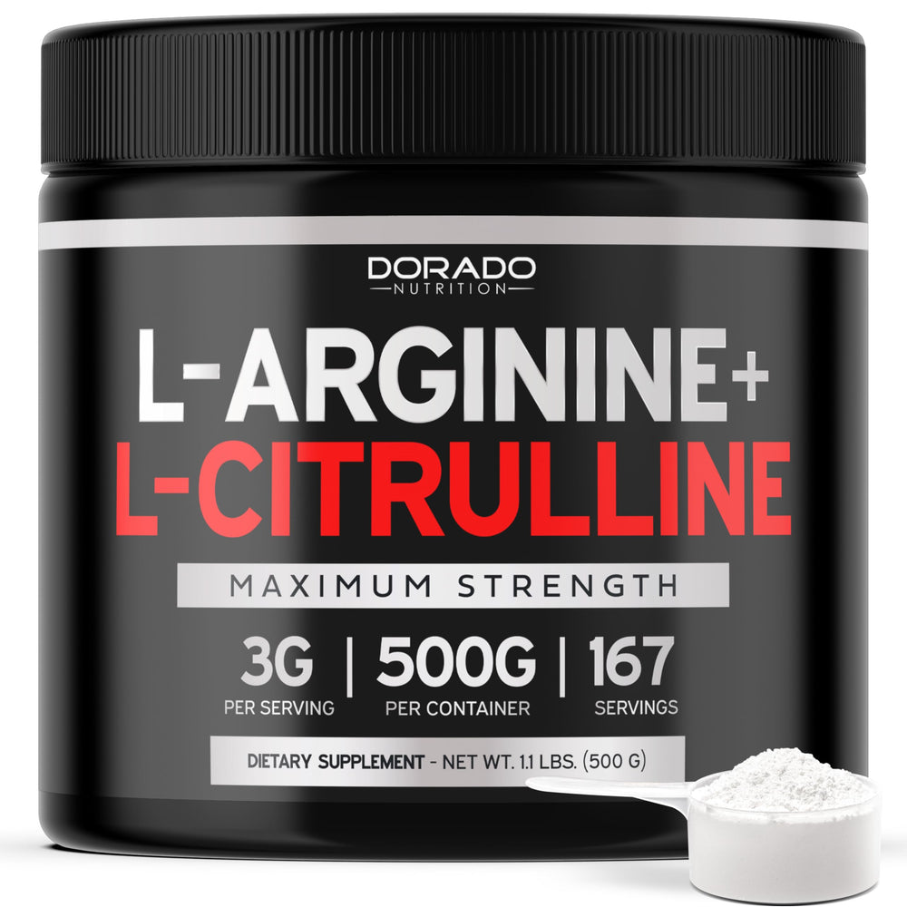 Dorado Nutrition L-Arginine L-Citrulline powder bottle for pre-workout support and sustained stamina.