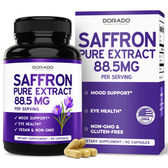 Dorado Nutrition saffron capsules bottle front, convenient daily mood and energy support.