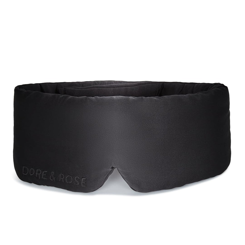 Dore & Rose deep sleep mask in black, 23 momme silk, blocks light for restful nights.