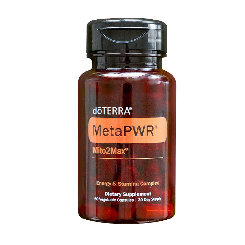 doTERRA MetaPWR Mito2Max bottle on a clean countertop promotes sustained energy.