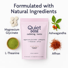Dotkara Quiet Dose mixed berry drink dissolving in water for calm focus.