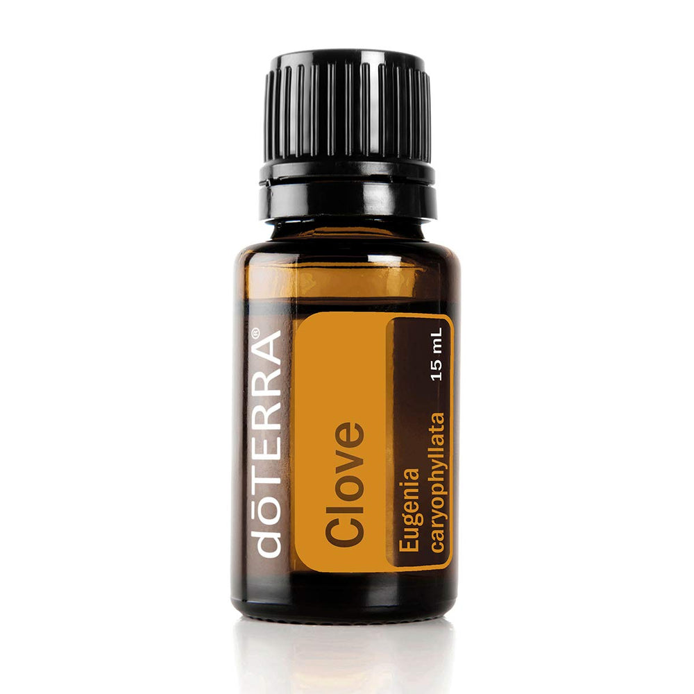doTERRA Clove Oil 15 mL bottle highlighting warm, spicy aroma for fresh breath and mouth cleansing