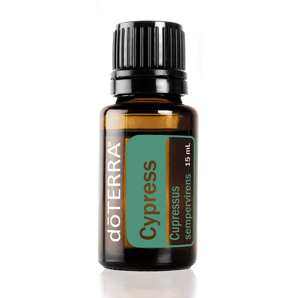 doTERRA Cypress bottle pour, energizing diffusion and easy topical use