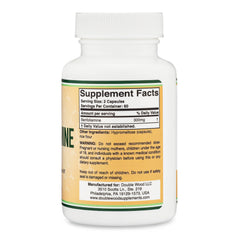 Double Wood Benfotiamine serving shown with two capsules split across meals for convenient dosing.