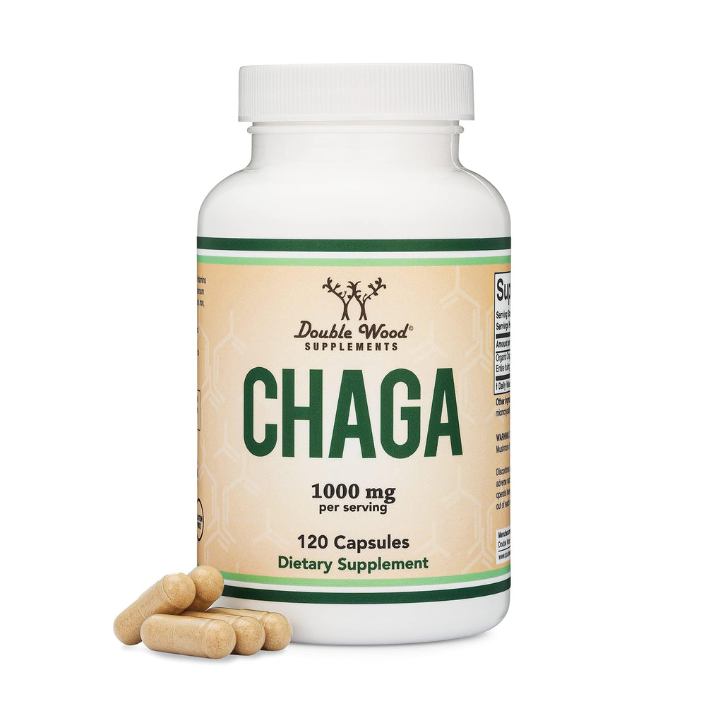 Double Wood Chaga capsules bottle for a convenient daily wellness routine.