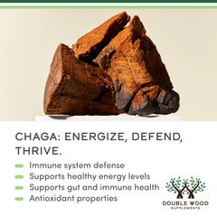 California-grown Chaga label on Double Wood bottle emphasizes origin.