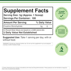 Double Wood Creatine Monohydrate bottle front with clear label for vegan, non-GMO claims